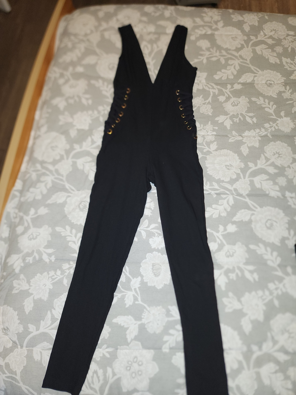 iris Black Lace-Up V-Neck Jumpsuit with Gold Eyelets